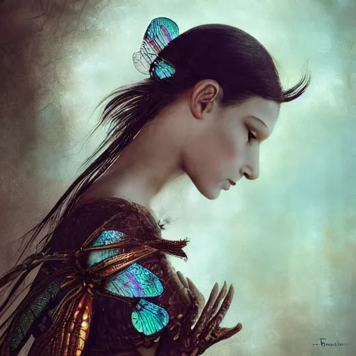 Image similar to brown woman wearing a dragonfly armor. iridiscent. extremely photorealistic. super detailed. layered. textured. award winning. dispersion of light. refracted lighting. soft. fragile. by ray caesar. by louise dahl - wolfe. by tom bagshaw. surreal photoraphy