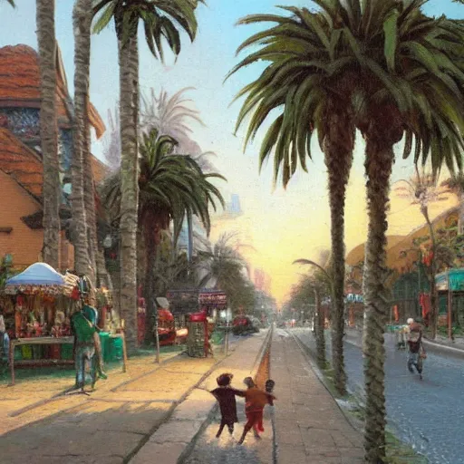 Prompt: painting of a bipedal frog walking down a busy street in los angeles, street vendors, palm trees, thomas kinkade