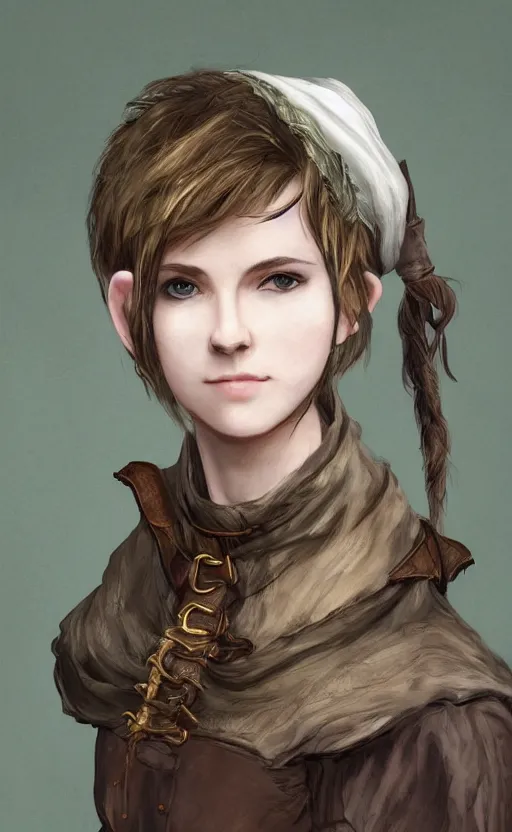 Image similar to a beautiful woman, beauty, high cheek bones, half smile, mischievous, bard, brown hair, messy hairstyle, short hair, cream colored peasant shirt, brown pants, leather boots, dark green cloak, round hood, elf ears, youthful, white background, proportionate, by John Howe, single face, trending on artstation, realistic, highly detailed, masterpiece