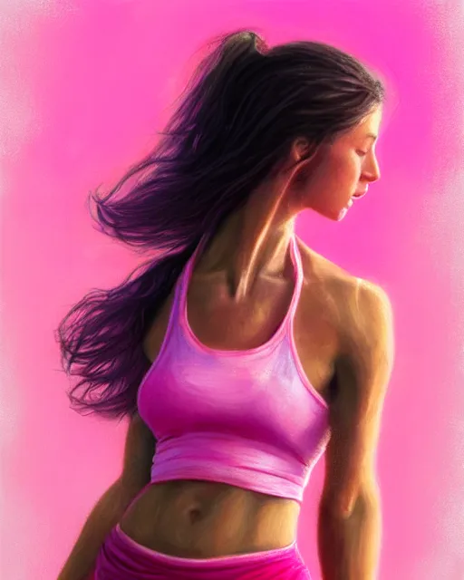 Prompt: female yoga instructor, perfect face, 1 9 8 0 s hairsprayed hair, hot pink halter top, flowing hair, fit, cinematic, blush, stunning, agile, highly detailed, digital painting, artstation, smooth, hard focus, illustration, art by jessica rossier and and brian froud