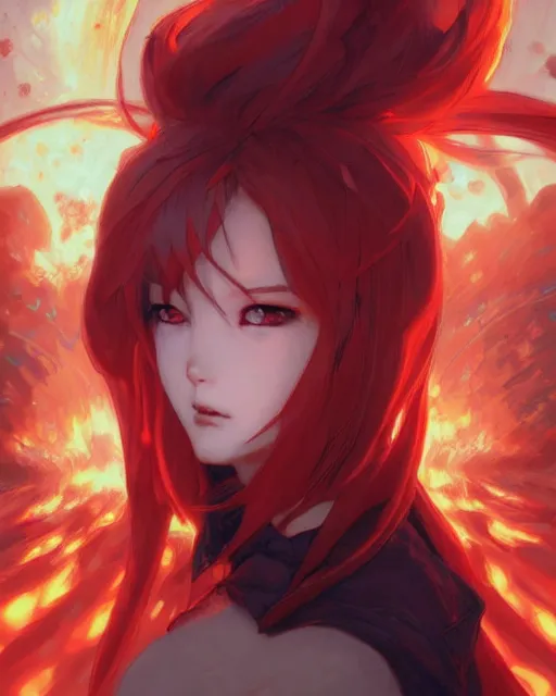 Image similar to red eyed anime girl, flames everywhere, highly detailed, digital painting, artstation, concept art, smooth, sharp focus, illustration, art by artgerm and greg rutkowski and alphonse mucha