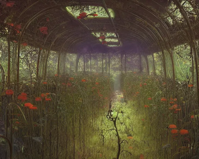 Image similar to A beautiful interior of an overgrown bus full of lush plants, rich vines and verdant flowers, digital art, trending on Artstation, thick atmosphere, fireflies flying around, 4k wallpaper, Zdzislaw Beksinski