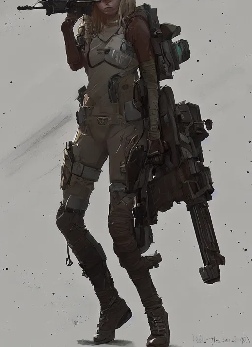 Prompt: of a beautiful sniper girl in war, with futuristic gear, in the style of greg rutkowski, artstation, high quality art
