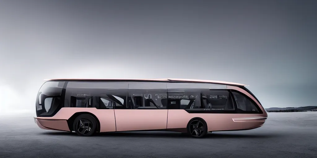 Image similar to a design of a futuristic bus, designed by Polestar and DMC, northern lights background, brushed rose gold car paint, black windows, dark show room, dramatic lighting, hyper realistic render, depth of field