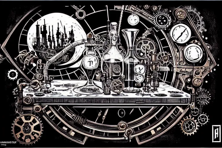 Image similar to steampunk alchemist ornate table, furniture, high details, bold line art, by vincent di fate and joe fenton, inking, etching, screen print, masterpiece, trending on artstation, sharp, high contrast, hd, 4 k, 8 k