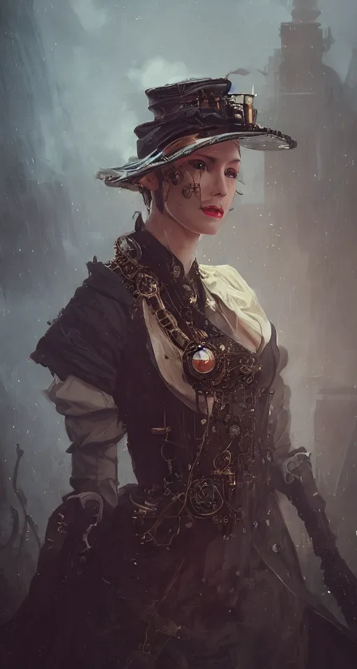 Image similar to A portrait of a women in the style of steampunk by Greg Rutkowski, Sung Choi, Mitchell Mohrhauser, Maciej Kuciara, Johnson Ting, Maxim Verehin, Peter Konig, Bloodborne, 8k photorealistic, cinematic lighting, HD, high details, dramatic, dark atmosphere, trending on artstation