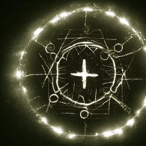 Image similar to ancient demon summoning, magic, shot from drone, witchcraft, night, bright lights, circle, symmetry, screenshot