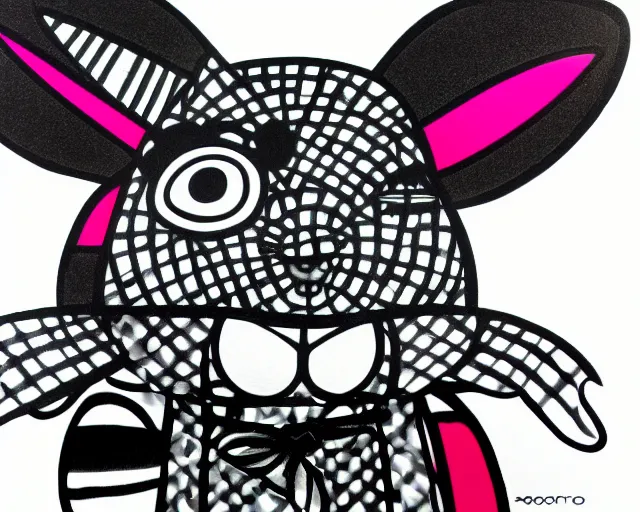 Image similar to a small black and white rabbit, fine art by romero britto