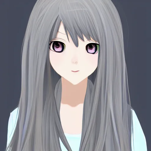 Prompt: young woman with long wavy ashen silver hair, with blackness instead of eyes, anime