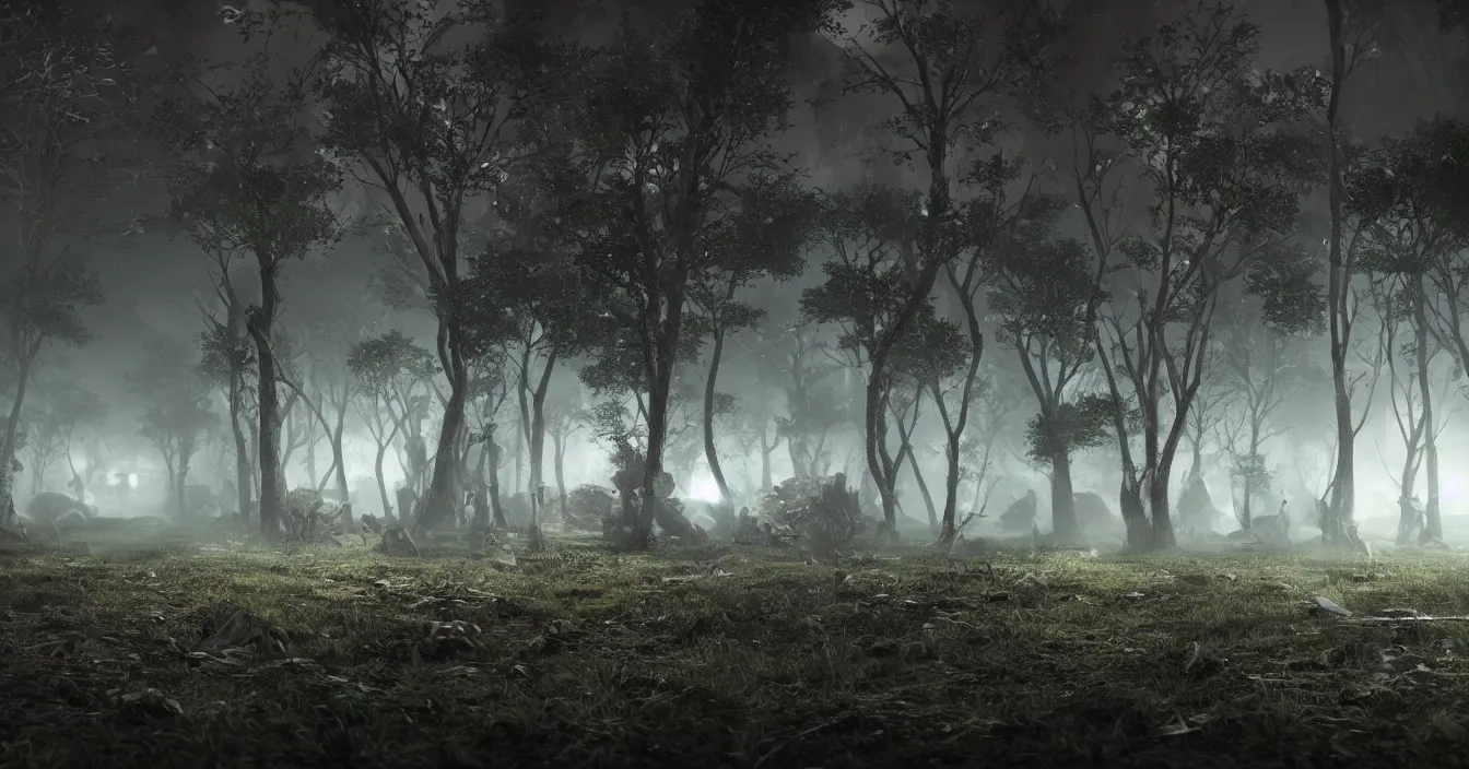 Image similar to realistic photo of wide battleground landscape, with army of monstrous insects fighting hardly futuristic human army, night, heavy rain, reflections, raytracing, raymarching, scattering, subsurface, full of reflections, volumetric fog light, dark and dramatic composition, deep depth, defocus, rendered in vray, raytracing, raymarching