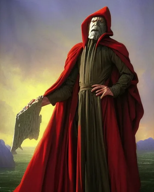 Image similar to A wizard. He has a very menacing expression. he wears robes. Award winning oil painting by Thomas Cole and Wayne Barlowe. Highly detailed