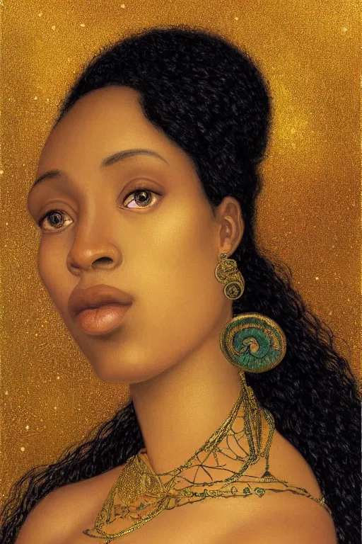 Image similar to Portrait of a Beautiful African female, sad green eyes, beautiful skin, elegant, jewellery, digital painting, Pre-Raphaelites, highly detailed, concept art, smooth, sharp focus, gold and indigo, illustration, art by Klimt .