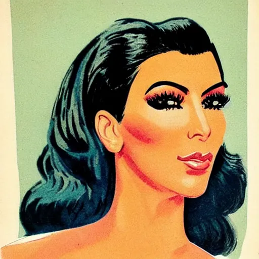 Prompt: “Kim Kardashian portrait, color vintage magazine illustration 1950”