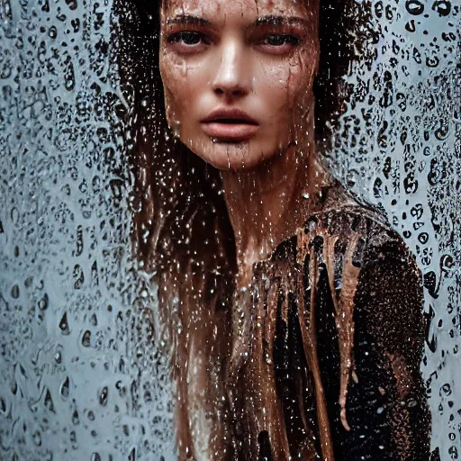 Prompt: close up of face of a wet fashion model in luxury dress, rainy, official valentino editorial, highly detailed