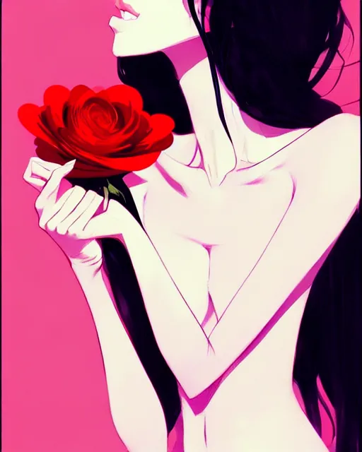 Image similar to a ultradetailed beautiful panting of a stylish woman holding a rose, by conrad roset, greg rutkowski and makoto shinkai, trending on artstation