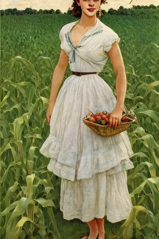 Image similar to photo photorealistic portrait photograph Emma Watson in a corn field 1950s portrait by Norman Rockwell