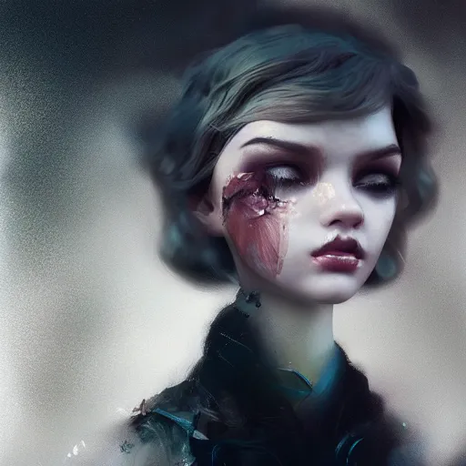 Image similar to a beautiful woman’s face shattered like a porcelaine doll, blurred dystopian city background, sad and dark atmosphere, cinematic, dramatic lighting, trending on Artstation, Cgsociety, concept art