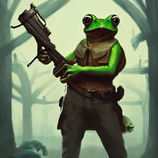 Prompt: a frog mafia boss holding gun. nuri iyem, james gurney, james jean, greg rutkowski, anato finnstark