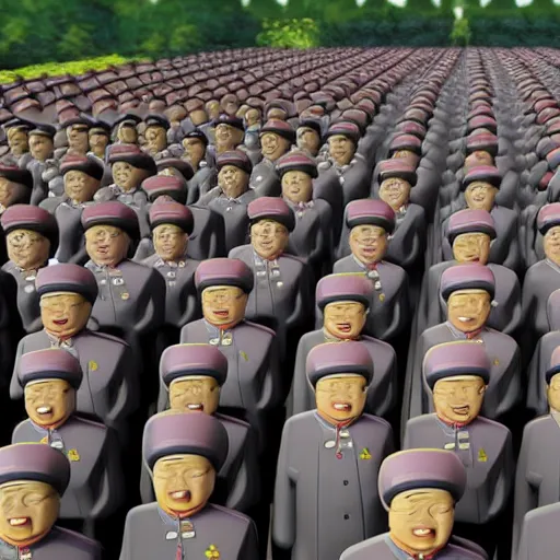 Image similar to screaming kim jong un doll leading a parade of himself octane render