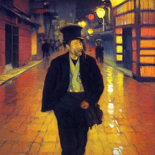 Prompt: realistic portrait painting of man smoking in colorful tokyo alley at night in the style of soviet realism, ilya repin