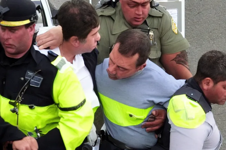 Prompt: sad steven deagal being taken into custody, realistic, detailed
