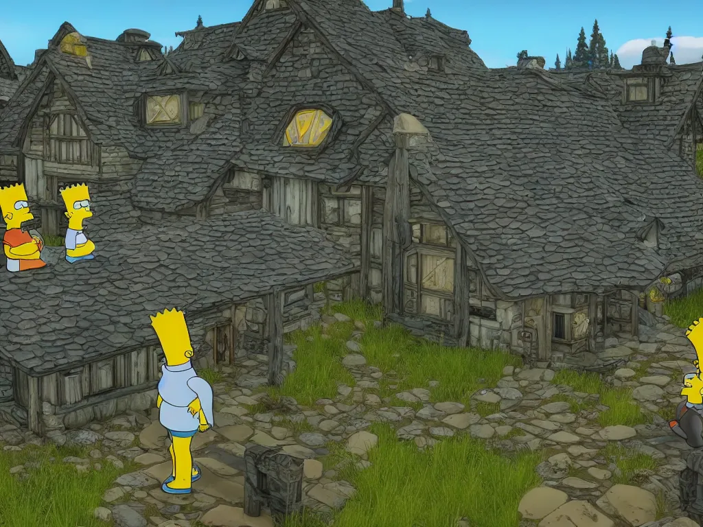 Image similar to The Simpsons in Skyrim, realistic, real-life, cinematic, 4k