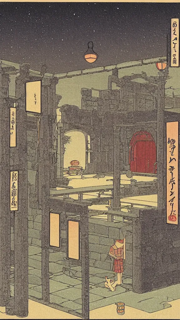 Image similar to a beautiful ancient bathhouse with a bathing alien creature at midnight by hasui kawase