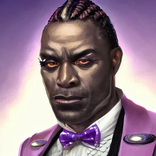 Image similar to a portrait of a muscular older black man with cornrows and a purple suit with a monocle on, D&D, sci-fi, elegant, hopeful, muscular, highly detailed, digital painting, artstation, concept art, smooth, sharp focus, illustration