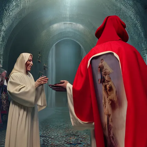 Image similar to octane render by mort kunstler and annie leibovitz and monia merlo, a line of people in colorful tunics receiving holy communion from a monstrous alien creature in a red cardinal robe, 4 d, 4 k, volumetric lighting, ray traced lighting, ultra - detailed