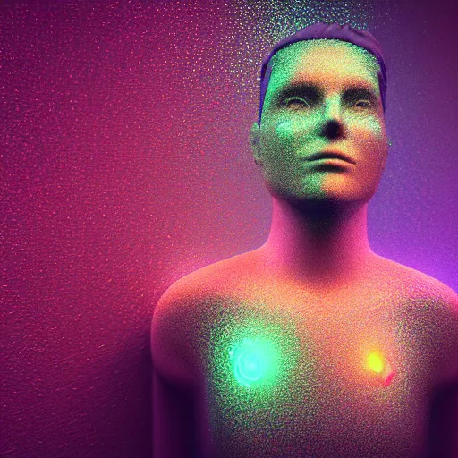 Image similar to a human made out of rain, neon, rendered in octane, unreal engine, realistic