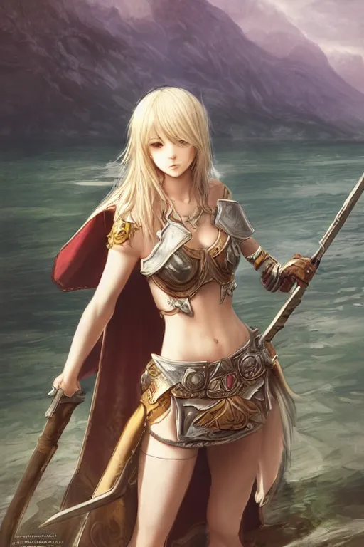 Prompt: A full body portrait of a female paladin beside a lake, blonde hair, Akihiko Yoshida, concept art, very detailed, tone mapping, matte