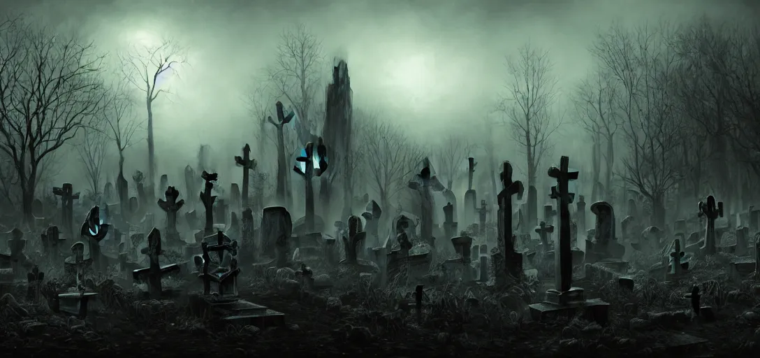 Prompt: A dark and haunted graveyard with Evil ghost spirits raoming in the style of Keith Thompson, christopher bretz and kael ngu and Zdzislaw Beksinski, Artstation HD, 8k, Surrealistic digital artwork, highly detailed, digital painting, HDRI, vivid colors, high contrast, 8k resolution, intricate, photorealistic, smooth