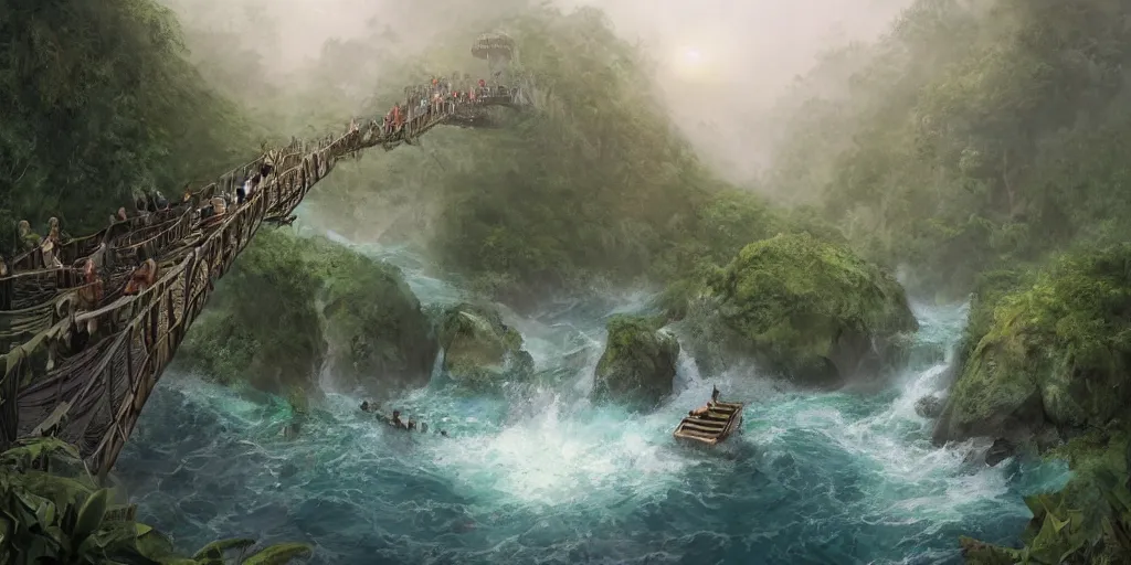 Image similar to jungle rainforest cliffs with treehouse village. tiered catwalks and rope bridges. wooden cabins. foggy valley and mountains fading into the distance, at sunset. waterfalls. neverland. peter pan kids wearing war paint and headdresses, standing on the rope bridges. swimming in basalt lagoon. magic the gathering card art by greg rutkowski.