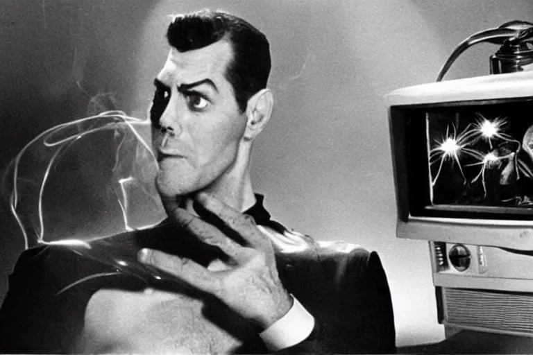 Image similar to a subgenius is shocked to see an alien appear on his television in his living room. sparks and smoke come out of the television. film still from 1 9 5 0 s sci - fi