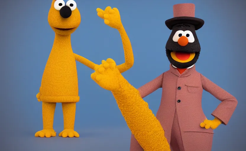 Image similar to 3 d render of bert from sesame street in a smoking suit