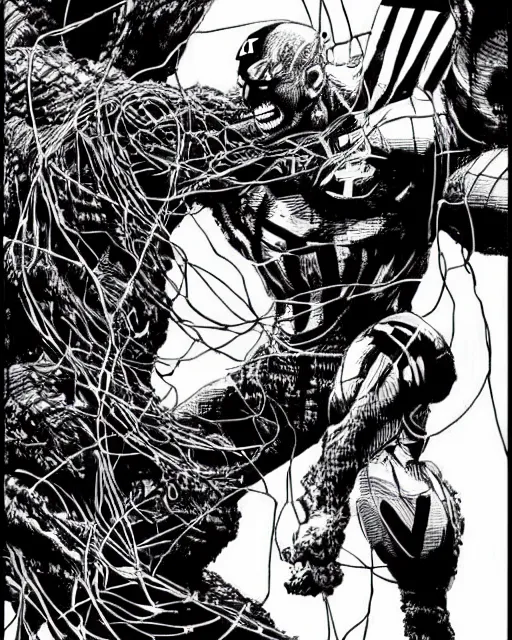 Prompt: black and white captain america defends himself with a shield against the sword of a giant tree monster with wires and tentacles in the cuberpunk forest, by tsutomu nihei, black and white