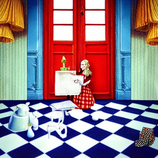 Prompt: alice in the wonderland, sitting, checkered floor, chair, blue dress, red door blonde, light by cheval michael, walls