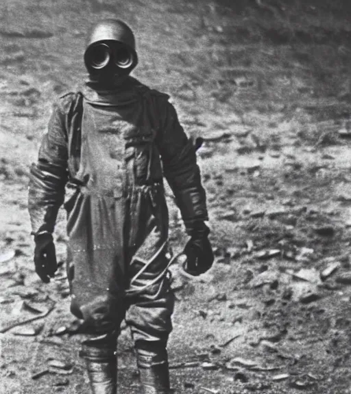 Prompt: man in a anti-radiation hazmat suit and gasmask in radioactive zone, ww1 film photo, grainy, high detail, high resolution