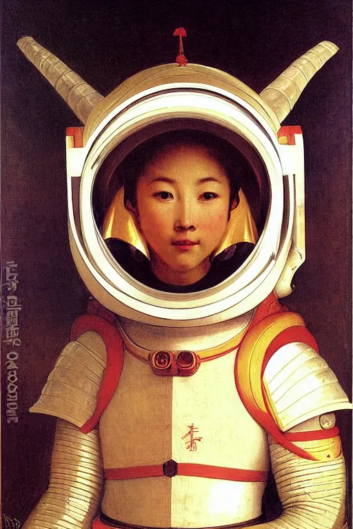 Image similar to portrait of a astronaut is a chinese dragon in armor and helmet, majestic, solemn, by bouguereau