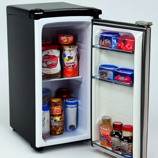 Prompt: mini fridge with spoons inside