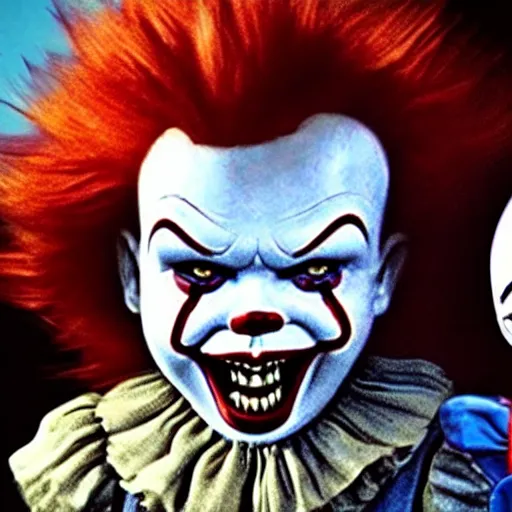 Image similar to Pennywise and Chucky together, photo realistic