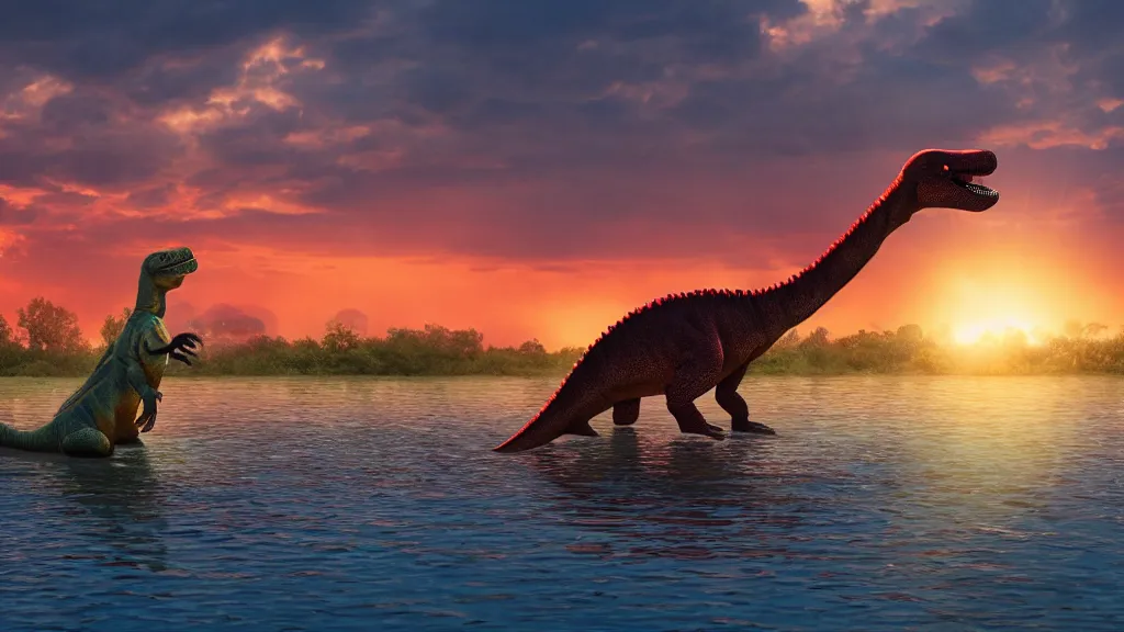 Prompt: a dinosaur swimming in lake barbies city, sunset lighting, rim light, hyper realistic, 1 0 5 mm, cinematic frame