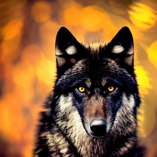 Prompt: studio portrait of a black wolf with amber eyes, dramatic lighting, dark forest background, bokeh