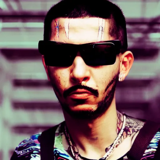 Image similar to a cholo cyberpunk homie photographic portrait