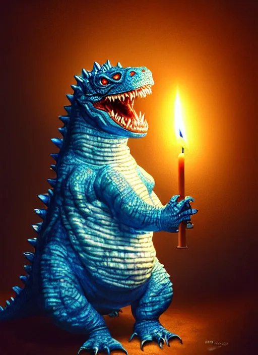 Prompt: portrait of a screaming tiny fat blue godzilla in a hat, intricate, elegant, candle light, highly detailed, digital painting, artstation, concept art, smooth, sharp focus, illustration, art by wlop, mars ravelo and greg rutkowski