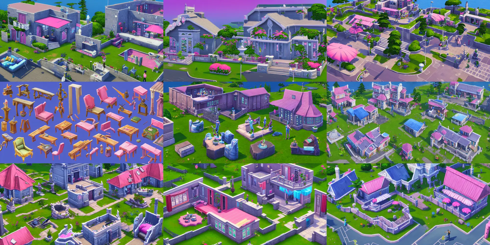 Prompt: game asset of the sims exterior furniture and decorations, in gouache detailed paintings, props, stylized, 2 d sprites, kitbash, arcane, overwatch, blue and pink color scheme, 8 k, close up