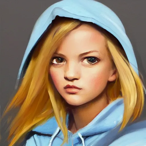 Prompt: greg manchess portrait sticker of a beautiful teen girl with blonde hair, wearing a blue hoodie, medium shot, asymmetrical, swedish, sticker, profile picture, organic painting, matte painting, bold shapes, hard edges, street art, trending on artstation, by huang guangjian and gil elvgren and sachin teng