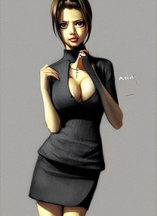 Prompt: concept art of a modern office life, young attractive business woman in pencil miniskirt and sleeveless turtleneck, pinterest, misa amane, adriana lima, artstation trending, behance, highly detailed, by rembrandt, by konstantin razumov
