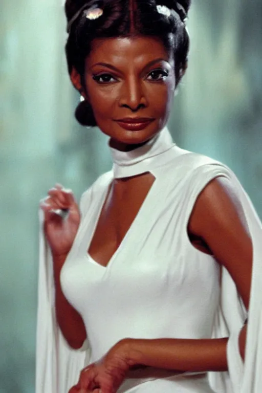 Image similar to ! dream photorealistic!! young adult nichelle nichols as princess leia, white regal gown, film quality