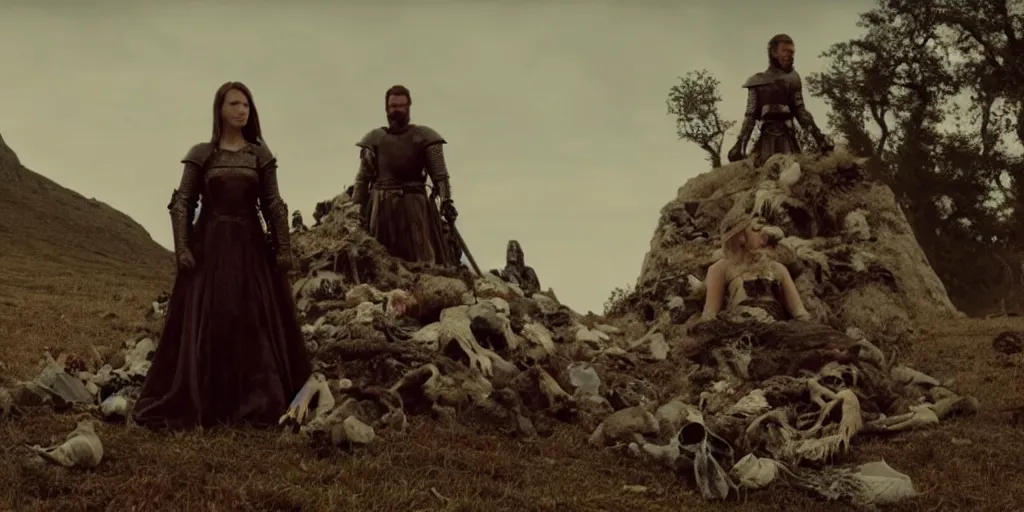 Prompt: film still of woman on a throne and knight standing below on a knee, on a mountain of dead knights by emmanuel lubezki